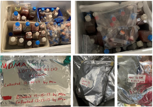  執法人員在住宅內查獲大量試管與不明液體樣本，部分容器標示病原體名稱，涉及多種潛在傳染性病原體，相關證物已送交聯邦實驗室檢測。 圖：翻攝自 X @KevinKileyCA 