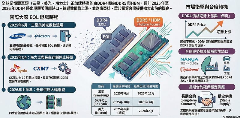 根據分析師葉俊敏一圖解析，三星、美光與 SK 海力士等國際記憶體大廠，正將產能重心全面轉向 DDR5 與高頻寬記憶體（HBM），預期在 2025 年至 2026 年間，DDR4 將出現明顯供應缺口，不僅推升價格走勢，也為台灣供應鏈與南亞區域記憶體廠帶來關鍵市佔擴張機會。&nbsp;&nbsp;&nbsp;圖: 分析師葉俊敏/提供
