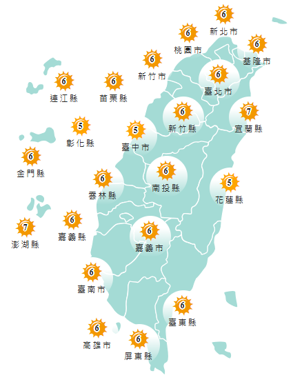 氣象署發布各地紫外線指數預報概況。&nbsp;&nbsp;&nbsp;圖：氣象署提供