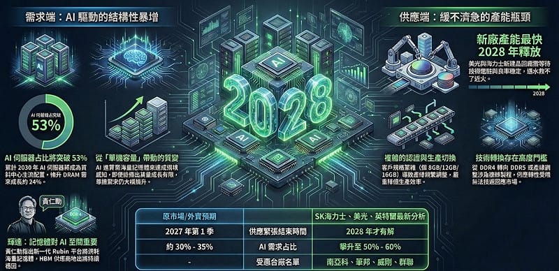 記憶體缺貨到2028年圖解。&nbsp;&nbsp;&nbsp;圖: 分析師葉俊敏/提供