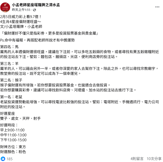 命理師「小孟老師」公開最好運的4生肖、4星座，以及最佳下注時辰、財神方位以及財運顏色。&nbsp;&nbsp;&nbsp;圖：取自「小孟老師星座塔羅牌之清水孟」
