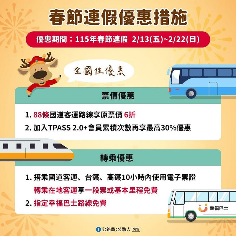 公路局推出春節連假(2月13日起至2月22日)優惠措施。&nbsp;&nbsp;&nbsp;圖：交通部公路局/提供