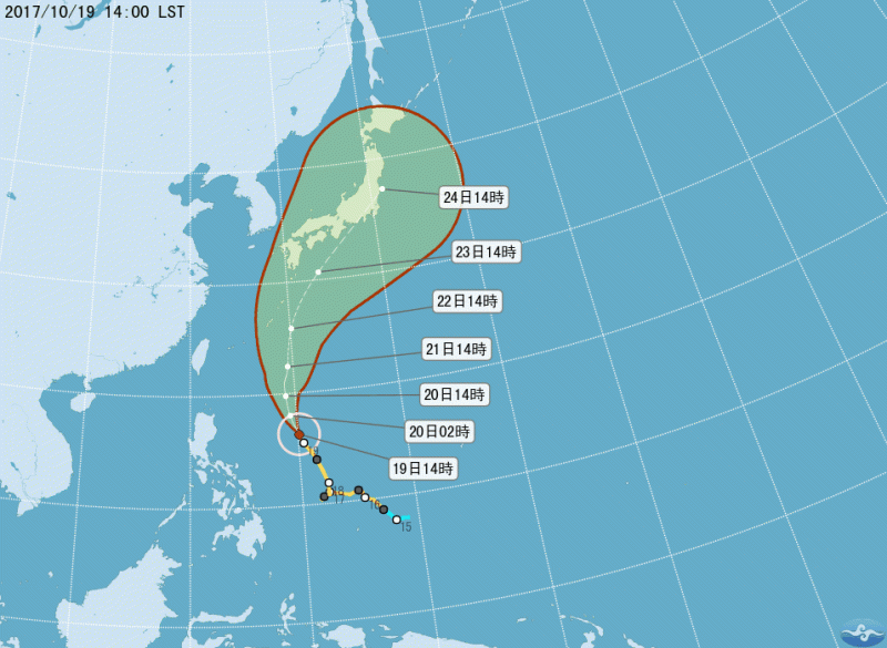 中度颱風蘭恩有機會變強烈颱風，雖颱風不會直接過境台灣本島，但21日颱風會最靠近台灣，台灣近海將受到影響，有機率出現6到7公尺長浪，提醒民眾注意。   圖 : 翻攝自中央氣象局