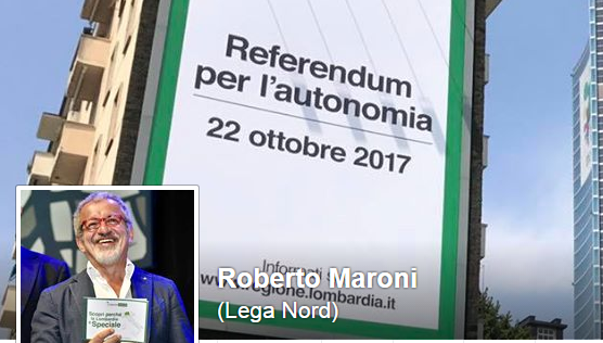 義大利倫巴底地方政府主席馬洛尼在臉書為22 日公投催票，希望爭取更多的地方自治權。   圖：翻攝馬洛尼臉書