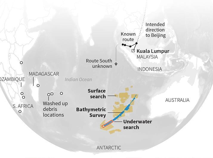 馬航MH370班機失蹤後，全球許多國家都加入動員搜尋行列，規模之大史無前例，而後來飛機殘骸也陸續在各大洲的海域發現。   圖：達志影像/路透社