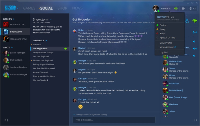 Battle.net近日改版，整合了玩家聊天的系統，推出了「社交」功能選項。   圖：暴雪娛樂提供