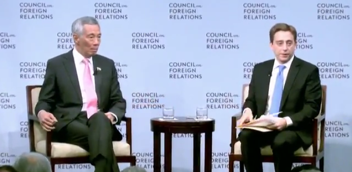 新加坡總理李顯龍（左）25日出席美國智庫「外交關係協會」座談，但座談會拒絕台灣媒體採訪。   圖：翻攝「外交關係協會」官網