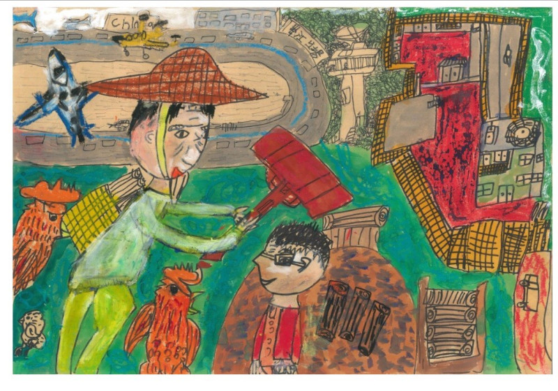 106年新住民子女繪畫比賽國小低年級組第三名作品，思賢國小林寶帝《正在砍柴的外公》。   圖：台北市政府觀光傳播局/提供