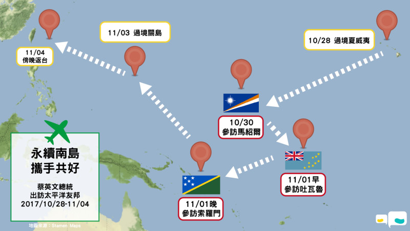 總統蔡英文28日啟程訪問南太平洋友邦馬紹爾群島、吐瓦魯及索羅門群島，去程與回程將過境美國夏威夷和關島。   圖 : 新頭殼製表