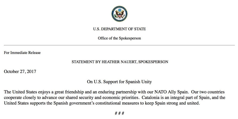 美國國務院發聲明，支持西班牙中央政府，重申美國和北約盟邦西班牙享有卓越友誼和持久夥伴關係。   