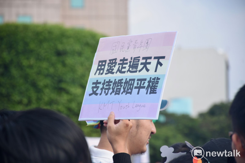 第15屆台灣同志遊行，國民黨青年團這次雖然參與遊行，但非常低調，舉出牌子支持婚姻平權。   圖：黃堃睿/提供