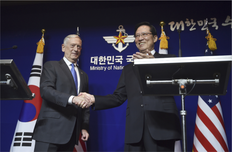 南韓國防部長宋永武（右）和美國國防部長馬提斯雙方商定在南韓部署更多的美軍戰略武器，以應對北韓的任何挑釁。   圖：達志影像/美聯社