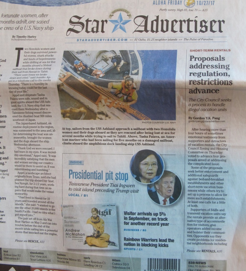 當地報紙「Star and Adversitser」（檀香山星廣報）27日刊登蔡英文過境消息。   圖片來源：讀者提供