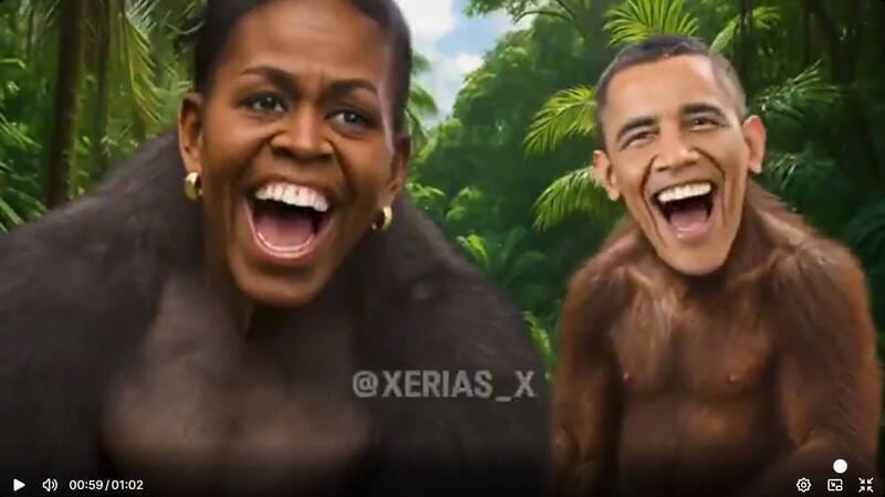 川普在「真實社群」上發布論及2020年總統大選陰謀論的影片，片尾竟出現把歐巴馬夫婦變成猴子的畫面。&nbsp;&nbsp;&nbsp;圖：翻攝川普社群貼文