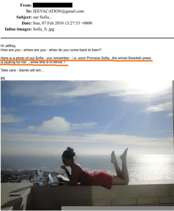 根據公開郵件內容，艾普斯坦曾透過索菲亞的經紀人恩博姆邀請她前往其加勒比海私人島嶼，但她並未赴約。不過文件顯示，她曾出席艾普斯坦在紐約住所舉辦的社交聚會。 圖:翻攝自議言