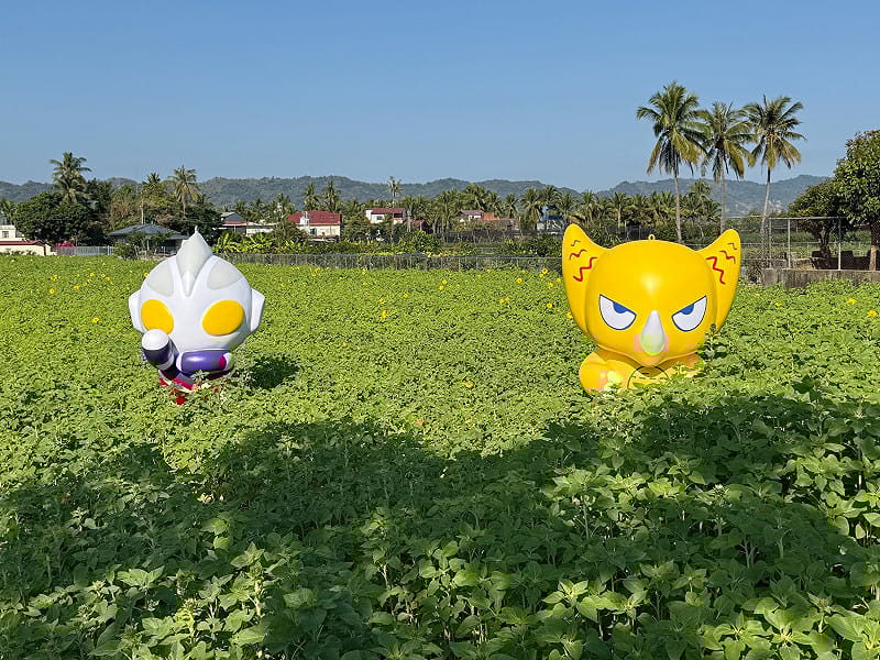 「超人力霸王迪卡」與「哥摩拉」一起享受花海的光之能量。&nbsp;&nbsp;&nbsp;圖：高雄市農業局/提供