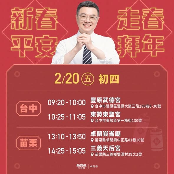 初四則前往台中與苗栗。&nbsp;&nbsp;&nbsp;圖：翻攝自 卓榮泰 Facebook 帳號