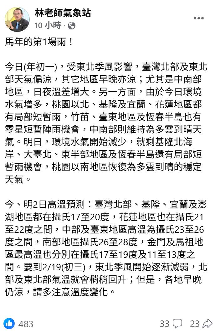 今（17）日受東北季風影響，北部及東北部天氣偏涼，其它地區早晚亦涼；尤其是中南部地區，日夜溫差增大。&nbsp;&nbsp;&nbsp;圖：翻設自「林老師氣象站」