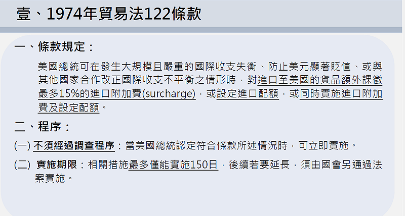 鄭麗君指出，川普政府已立即公佈新的行政命令，也就是改採1974年貿易法的《122條款》，在既有的MFN基礎上，加徵15%的進口附加費，但這屬於「暫時性稅率」，因為《122條款》裡面指明，這個附加費只能維持150天，但若經國會同意可以再延長。&nbsp;&nbsp;&nbsp;圖：行政院經貿辦提供
