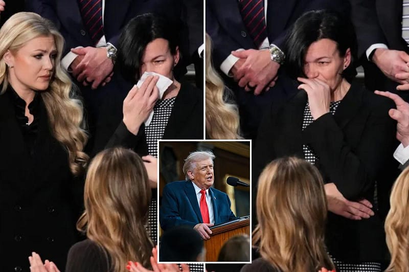 川普在演講時抨擊民主黨：「你們怎麼能不站起來？」被謀殺的烏克蘭難民伊琳娜·扎魯茨卡的母親情緒崩潰。 圖:翻攝自X帳號@nypost