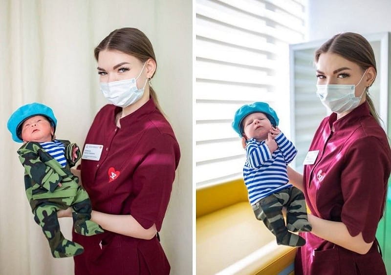 一批新生兒於 2 月 23 日「祖國保衛者日」出院時，被安排穿上縮小版空降兵制服，藍色貝雷帽與條紋衫一應俱全，制服由當地護士親手縫製。 圖:翻攝自X帳號@nexta_tv