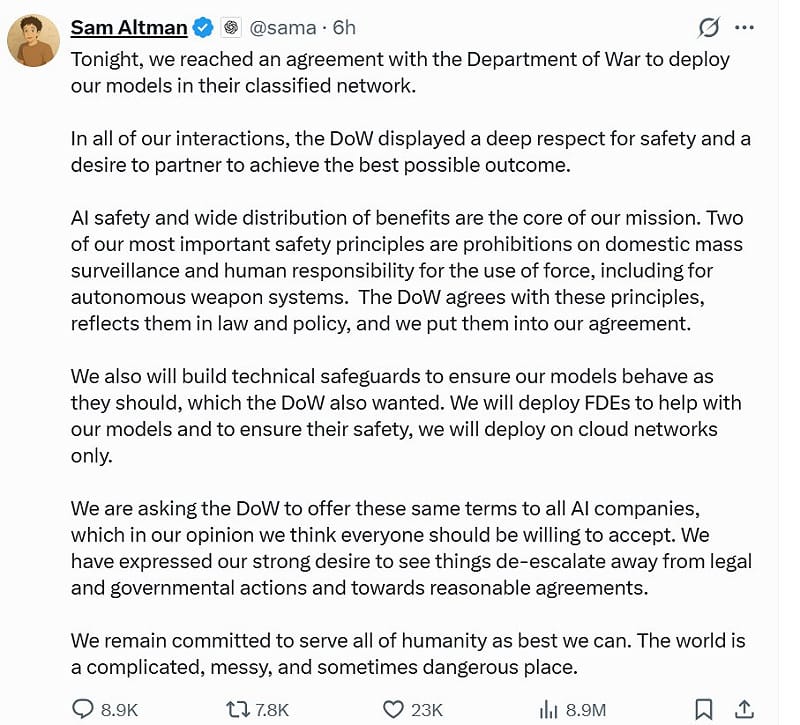 OpenAI執行長Sam Altman昨日公開聲援Anthropic，但今日就在X上宣布，取代Anthropic與國防部簽約。&nbsp;&nbsp;&nbsp;圖：翻攝自Sam Altman X