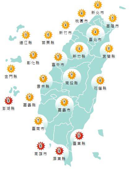 氣象署發布各地紫外線指數預報概況。&nbsp;&nbsp;&nbsp;圖：氣象署提供