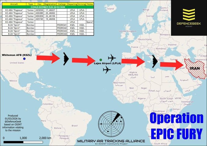 美軍也派遣 4 架 B-2 「幽靈」轟炸機,從美國本土飛向伊朗進行轟炸。 圖:翻攝自 @NiKiTa_32156 X 帳號 美軍也派遣 4 架 B-2 「幽靈」轟炸機,從美國本土飛向伊朗進行轟炸。 圖:翻攝自 @NiKiTa_32156 X 帳號
