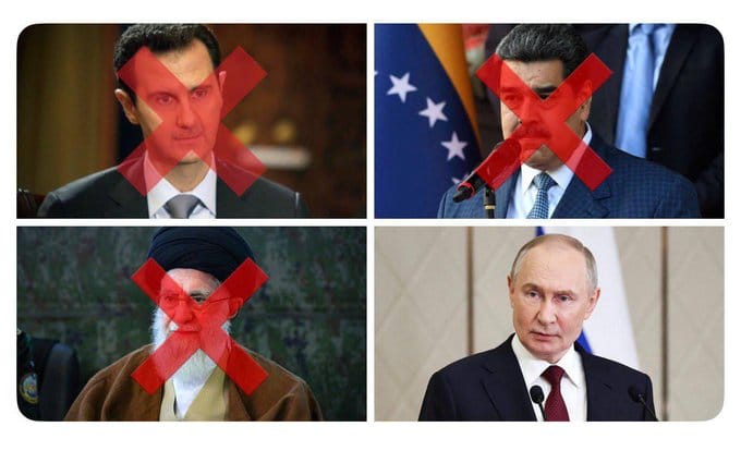 繼敘利亞前總統阿薩德、委內瑞拉前總統馬杜羅後，伊朗最高領導人哈梅內伊成為了新一位得到俄羅斯支持卻慘遭落馬的獨裁國家領導人。&nbsp;&nbsp;&nbsp;圖：翻攝自 @NiKiTa_32156 X 帳號