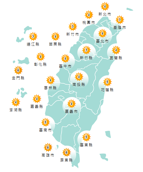 氣象署發布各地紫外線指數預報概況。&nbsp;&nbsp;&nbsp;圖：氣象署提供
