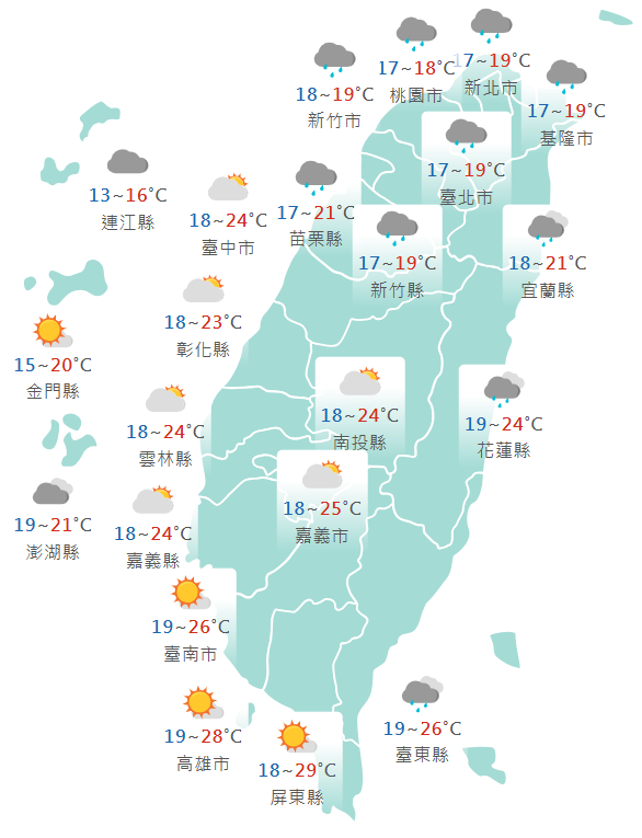 氣象署公布各地天氣預報概況。&nbsp;&nbsp;&nbsp;圖：氣象署提供
