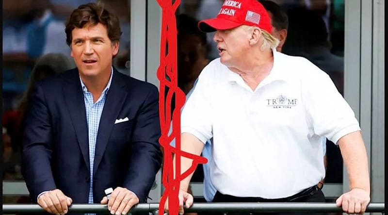 美國總統川普（右）與保守派媒體人塔克·卡爾森（左）之間的關係也出現明顯裂痕。&nbsp;&nbsp;&nbsp;圖：翻攝自Ｘ／@PartisanReview