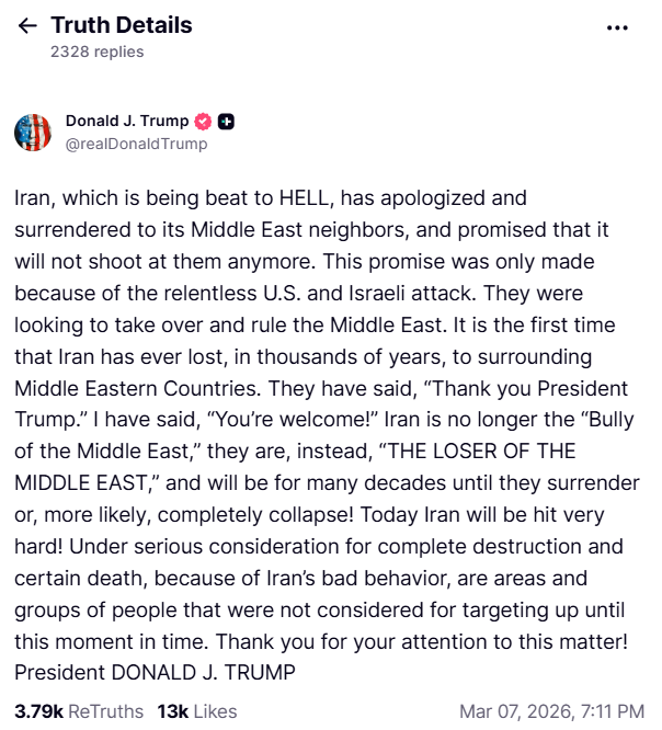 美國總統川普在社群平台發文表示，伊朗已向中東鄰國道歉並承諾不再開火，並警告伊朗「今天將遭非常沉重的打擊」。&nbsp;&nbsp;&nbsp;圖:翻攝自Truth Social平台