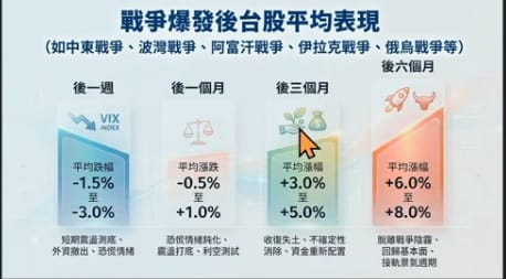 圖二戰爭爆發後台股平均表現。&nbsp;&nbsp;&nbsp;圖: 擷取自分析師楊育華節目