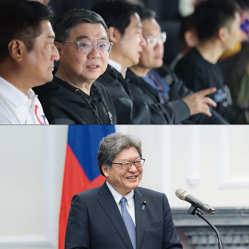  行政院長卓榮泰（上）近日赴日行程引起在野黨質疑「公器私用」，隨後證實為「自費」參與。圖下為萩生田光一。 圖：取自 張育萌 FB 