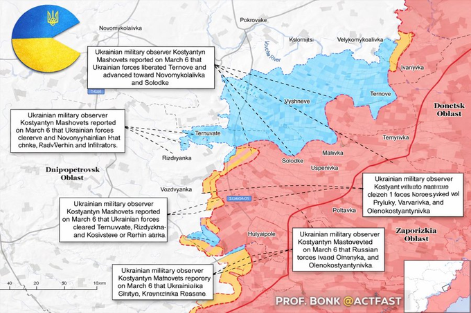 烏克蘭軍隊（藍）在札波羅熱的攻勢突破了俄軍防線。&nbsp;&nbsp;&nbsp;圖:翻攝自X帳號@HXR001