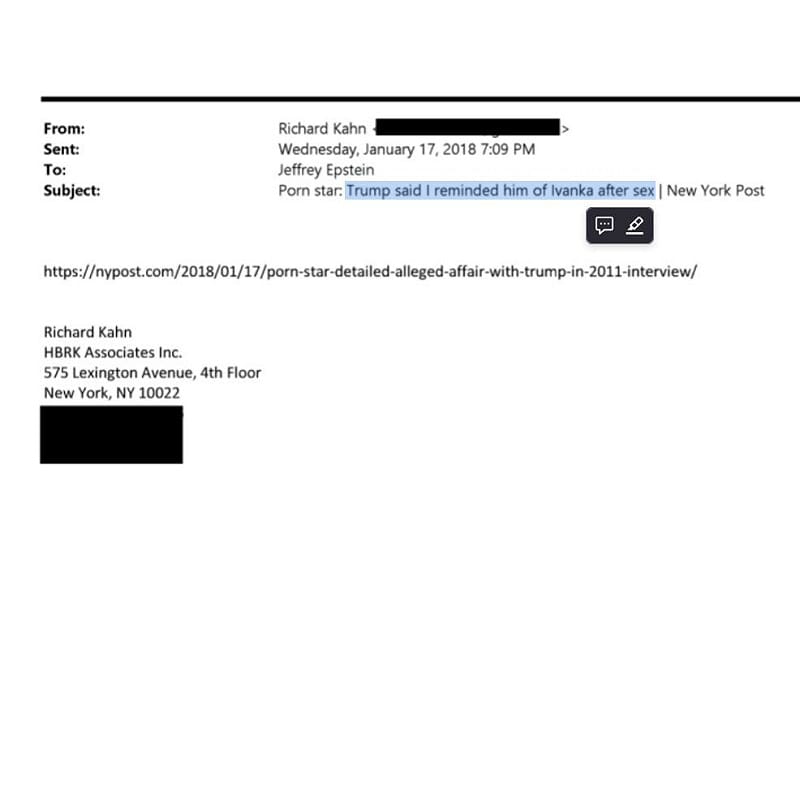 檔案中的匿名郵件稱該成人影星表示自己與川普發生關係後，川普提及「我讓他想起伊凡卡」。&nbsp;&nbsp;&nbsp;圖：翻攝自 X @Bill1st1