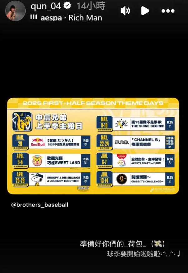 峮峮分享中信兄弟上半季主題日活動，背景音樂是韓國人氣女團aespa的歌曲〈Rich Man〉，讓外界猜測aespa會來台參加中信主題日。&nbsp;&nbsp;&nbsp;圖：翻攝自峮峮IG