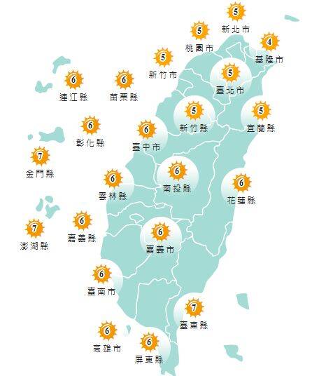 氣象署發布各地紫外線指數預報概況。&nbsp;&nbsp;&nbsp;圖：氣象署提供