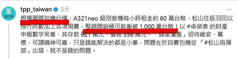 民眾黨發文提及，根據國際包機行情，整趟開銷極可能衝破1,000萬台幣。&nbsp;&nbsp;&nbsp;圖：截自民眾黨Threads