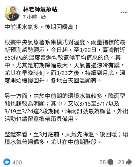 今（15）日至17日以及19日至24日這2段期間，降雨訊號最為顯著，外出活動也請留意攜帶雨具備用。&nbsp;&nbsp;&nbsp;圖：擷自林老師氣象站