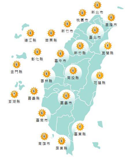 氣象署發布各地紫外線指數預報概況。&nbsp;&nbsp;&nbsp;圖：氣象署提供