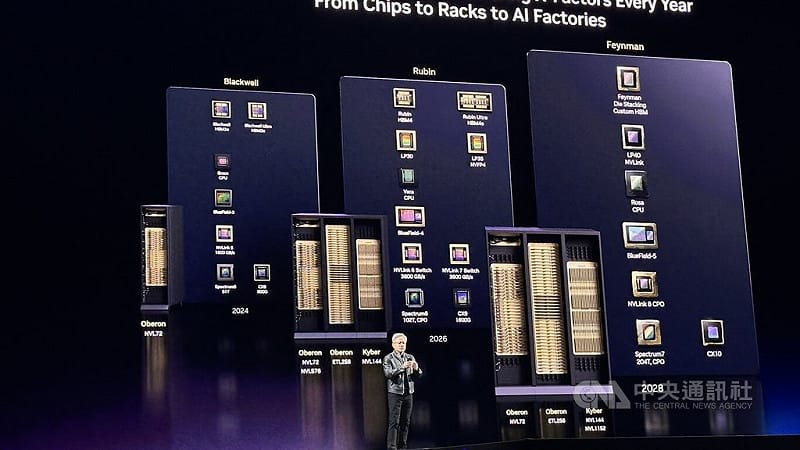 輝達執行長黃仁勳揭GPU技術路線圖，次世代GPU架構Feynman，將整合下一代名為Rosa的CPU以及新一代LPU。中央社記者張欣瑜聖荷西攝　115年3月17日&nbsp;&nbsp;&nbsp;圖：中央社提供