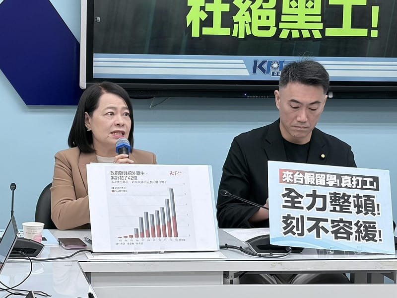  國民黨團副書記長許宇甄（左）引述數據指出，學校開設的「僑生專班」留台率僅剩三成。 圖：李宣萱 / 攝 