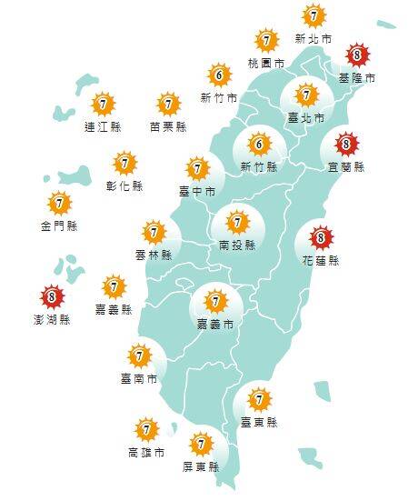 氣象署發布各地紫外線指數預報概況。&nbsp;&nbsp;&nbsp;圖：氣象署提供