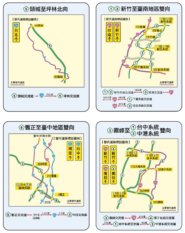 國道長途替代道路圖。&nbsp;&nbsp;&nbsp;圖：高公局／提供