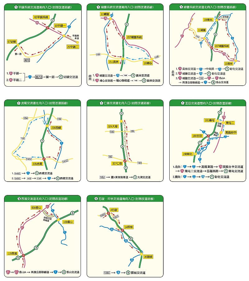  清明節連續假期匝道封閉改道路線圖。&nbsp;&nbsp;&nbsp;圖：高公局／提供