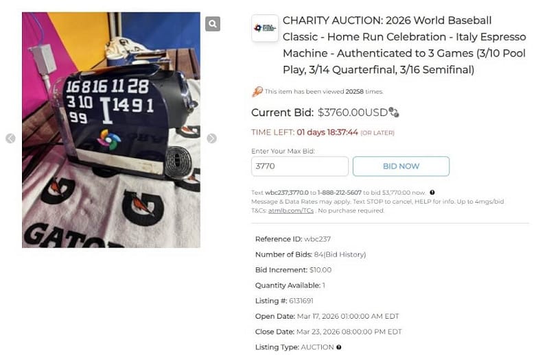 義大利隊在WBC期間擺在休息區的濃縮咖啡機，也成為競標物品。（MLB拍賣網站auctions.mlb.com）&nbsp;&nbsp;&nbsp;