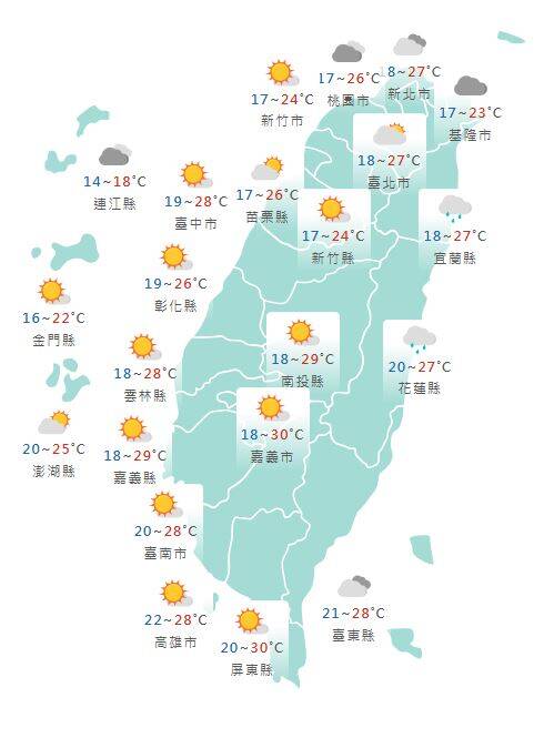 氣象署公布各地天氣預報概況。&nbsp;&nbsp;&nbsp;圖：氣象署提供