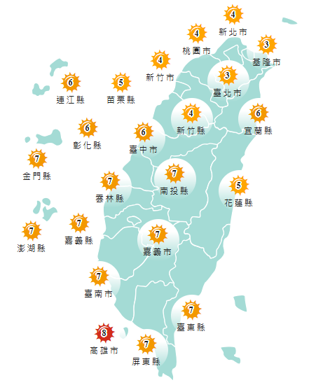 氣象署發布各地紫外線指數預報概況。&nbsp;&nbsp;&nbsp;圖：氣象署提供